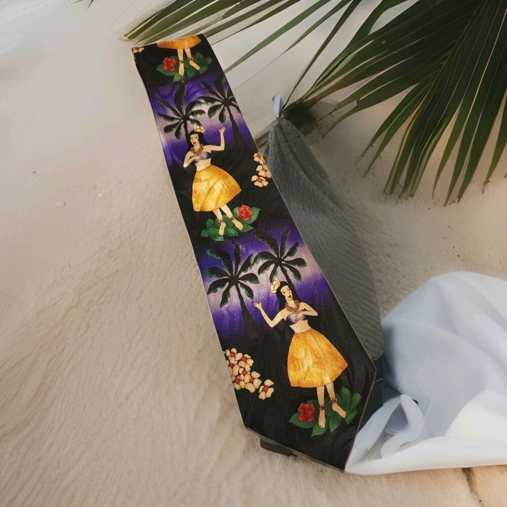 Steven Harris Mens Hula Dancer Hawaii Palm Tree Sunset Beach Tie Hand Made